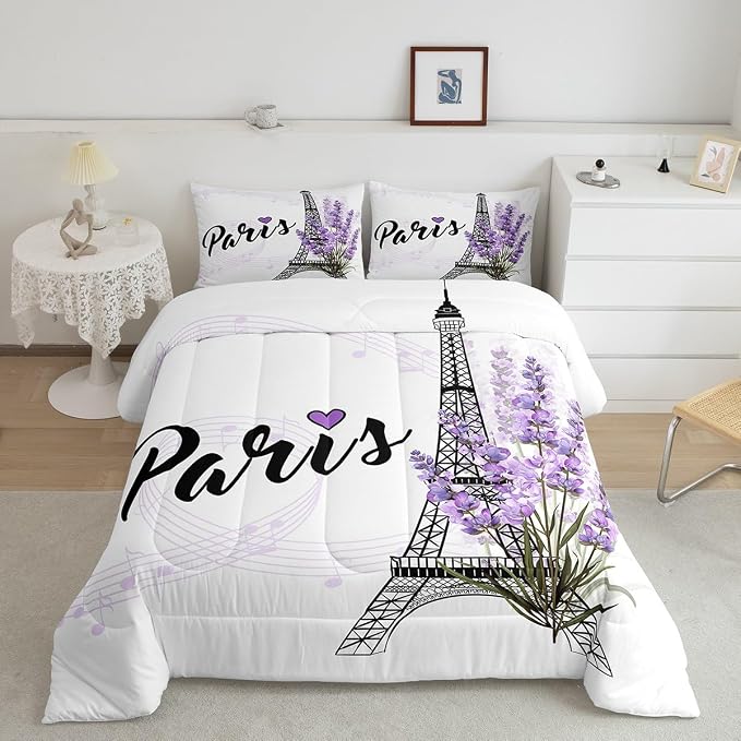 Eiffel Tower Comforter Set Purple Lavender Flowers Print Bedding Set, Romantic Paris City Floral Style Decor for Kids Girls Boys Teens, Queen Size 3pcs Polyester Quilt Duvet for Dorm Bedroom - Image 4