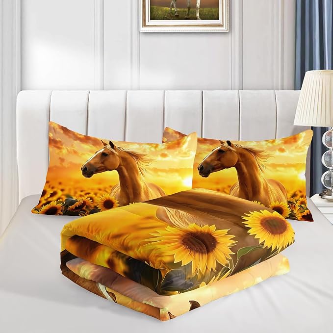 QOOMO Horse Comforter Full Size,Sunflower Horse Comforter Set for Kids Teens Girls Boys,3Pcs Bedding Set Printed Comforter with 2 Pillowcases,Soft and Lightweight，Full Size - Image 4