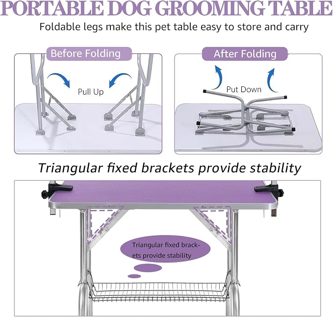 Professional Dog Pet Grooming Table Adjustable Heavy Duty Portable w/Arm & Noose & Mesh Tray (Purple, 36") - Image 4