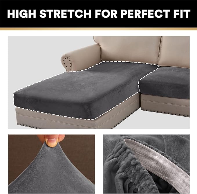 PrinceDeco Sectional Couch Covers 4 Pieces Velvet Separate Couch Cushion Covers L Shape for Left/Right Chaise Sectional Couch with Elastic Bottom (3 Seater + 1 Chaise,Grey) - Image 5