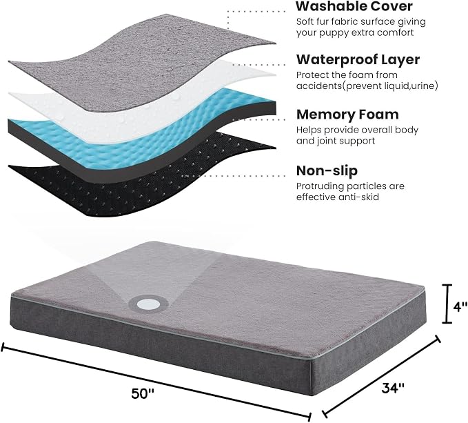 Cooling Dog Beds for Dogs, Orthopedic Memory Foam Dog Bed，Washable Pet Beds for Crate with Faux Fur Cover, Waterproof Lining (Grey, XXX-Large: 50" x 34" x 4") - Image 9
