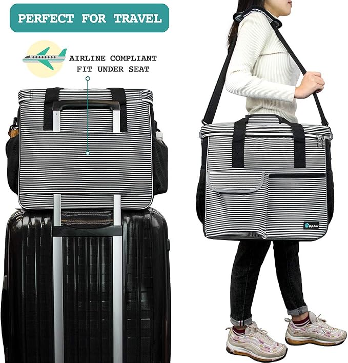 PetAmi Dog Travel Bag Organizer, Pet Travel Kit with 2 Food Containers & 2 Collapsible Dog Bowls, Pet Supplies Tote with Luggage Sleeve, Weekend Road Trip Camping Essentials, Stripe Black, Large - Image 5