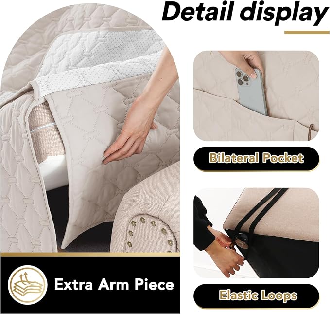 PrinceDeco Sofa Cover Couch Cover for 3 Cushion Couch Water Resistant Sofa Cover for Living Room Quilted Furniture Couch Cover Washable Couch Protector Width Up to 78"(Oversized Sofa, Ivory) - Image 5