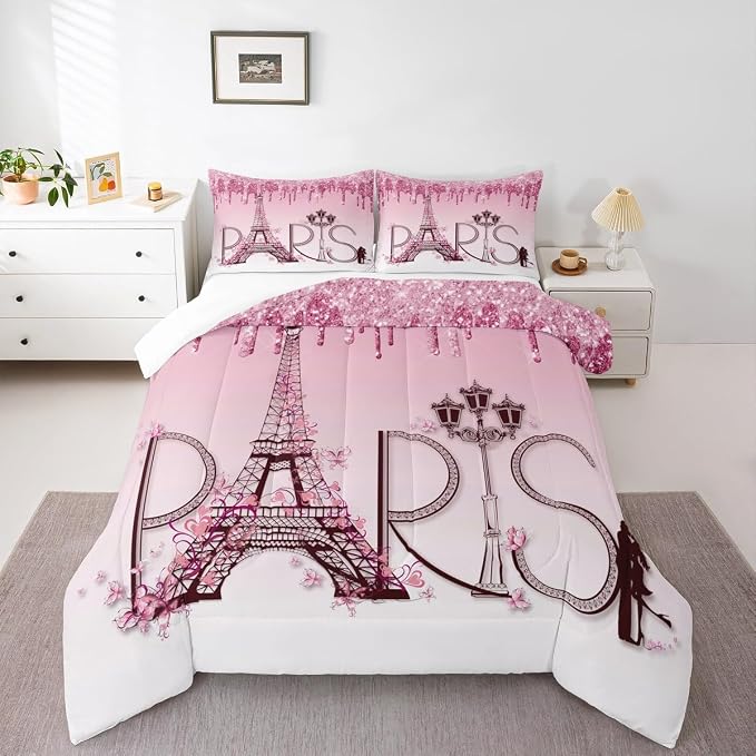 Eiffel Tower Comforter Set Twin Size,Pink Shimmer Floral Dreamy Down Comforter for Girls Boys Adults Couple Bedroom Decor,Famous Paris Architecture Bedding Set,Romantic Duvet Insert,1 Pillowcase - Image 5