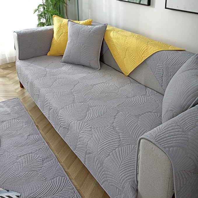 Solid Color Leaf Cotton Quilted Sofa Covers Anti-Slip Soft Sectional Couch Cover Washable Sofa Slipcover for Dogs Cats Pet (Light Grey,36''x47'') - Image 4