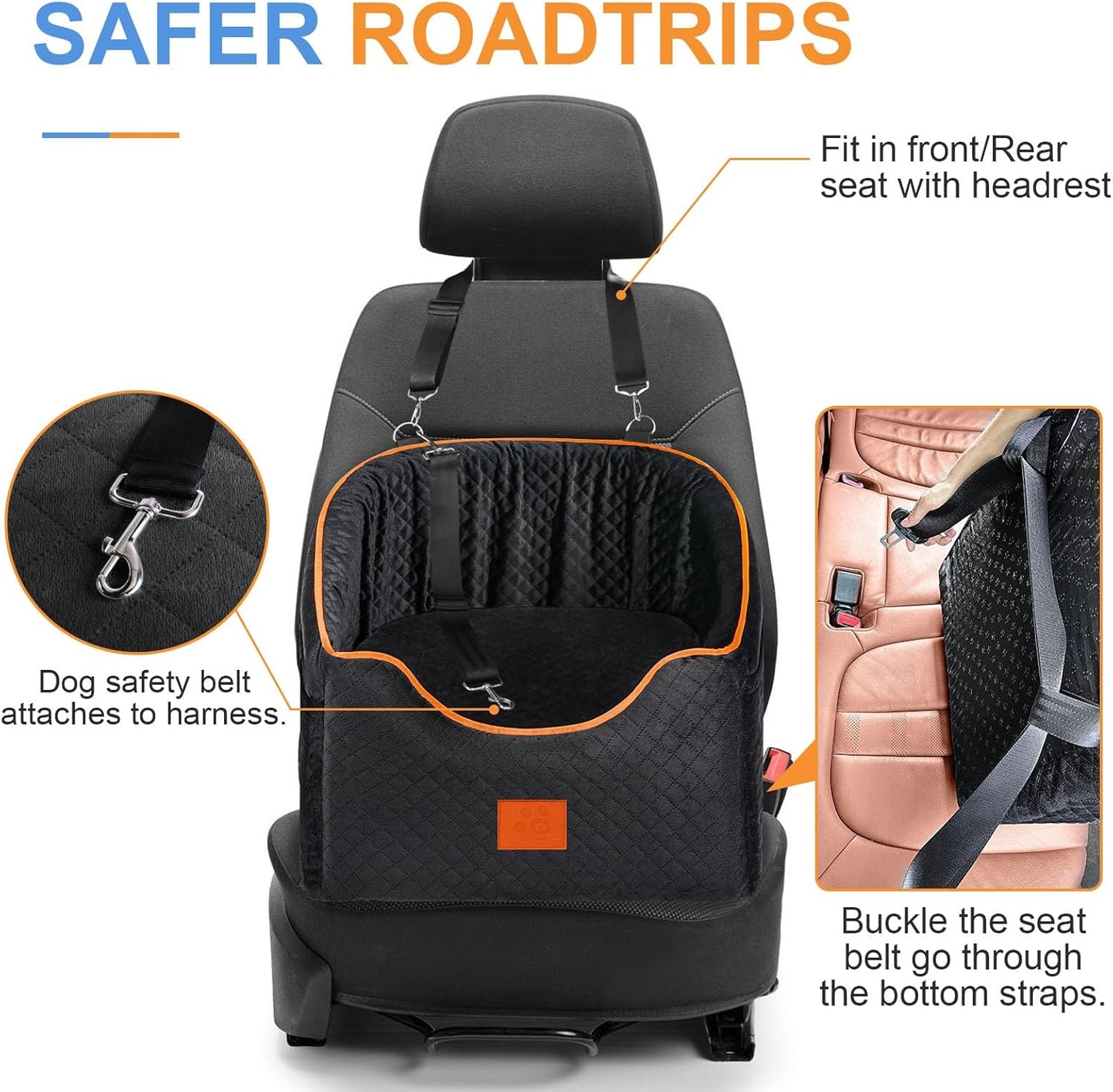 Dog Car Seat for Small Dogs, Memory Foam Booster Dog Seat for Dogs up to 35 lbs, Elevated Pet Car Seat with Washable Removable Cover, Storage Pockets (Black)