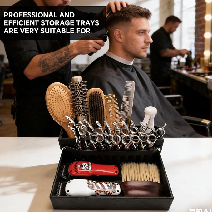 Barber Station Tray for Scissors Holder & Clippers Organizer, Barber Accessories Storage Station for Combs/Hair Clip/Trimmers, Barber Salon Home Desktop Tool Organizer(Small 11.9" x 8.8" x 4.4") - Image 6