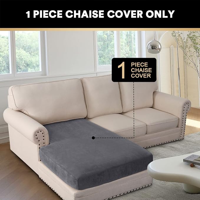 PrinceDeco Sectional Couch Covers Velvet Couch Cover for Dogs Washable L Shaped Couch Cover 1 Piece Individual Sectional Couch Covers with Elastic Bottom(Chaise Lounge,Grey) - Image 3