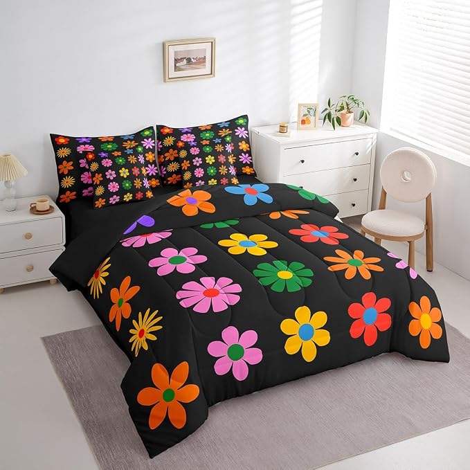 Feelyou Cute Flower 7 Piece Bedding Set Queen Size Colorful Flower Comforter Set with Sheets for Kids Boys Girls Black Colorful Bed in a Bag Kawaii Theme Bed Set - Image 7
