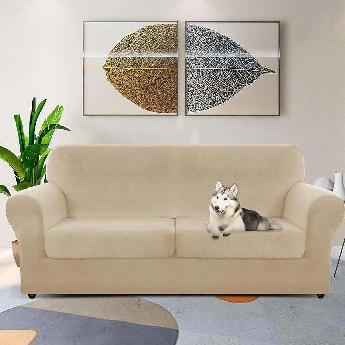 ZNSAYOTX Oversized Velvet 3 Piece Couch Cover with 2 Extra Large Seat Cushion Covers Stretch Sofa Cover for 2 Cushion Couch Thick Loveseat Sofa Slipcover for Living Room (Camel), 72"-92"(2 Cushions) - Image 2