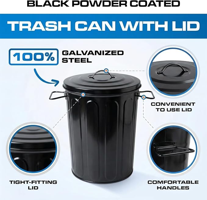 Plexon 5 Gallon Small Metal Trash Can with Lid Outdoor Galvanized Steel Bucket with Lid 5 Gal Storage Can for Dog Food Bird Seed Storage Container, Black 2 Pack - Image 9