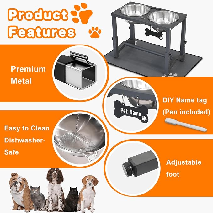 Elevated Dog Bowls, 4 Height Adjustable Metal Raised Bowl Stand with 2 Thick Stainless Steel Food Bowls & Spill-Proof Mat, Adjusts to 13.6'', 12.2'', 10.9'', 9.5'' for Large/Medium Breeds - Image 7