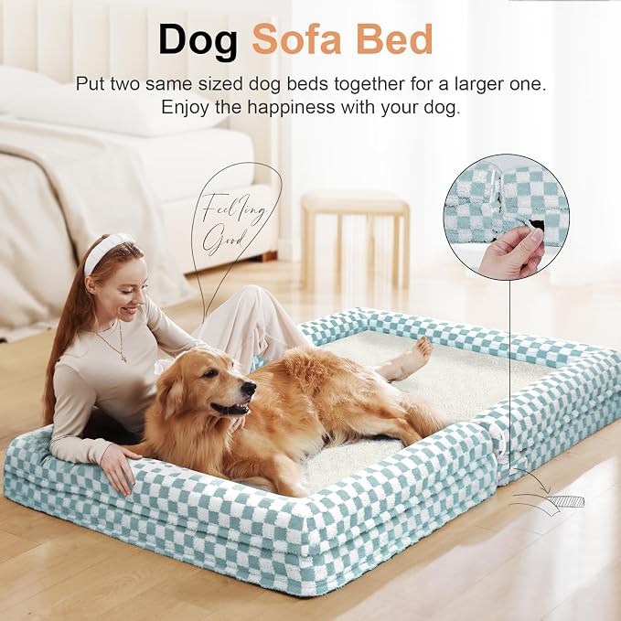 NANUYA Orthopedic Dog Bed for Large Dogs, 36 x 27 Inch, Green Grid | Egg crate foam for joint support, 3-sided bolster pet sofa, waterproof lining, washable cover, and non-skid base - Image 3