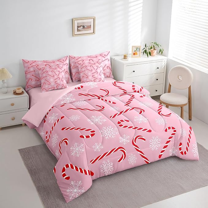 Erosebridal Xmas Candy Cane King Bedding Set 7 Piece,Merry Christmas Bed in A Bag for Kids Boys Girls,White Snowflake Comforter Set Pink Christmas Ornaments Sheet Set with Comforter - Image 4