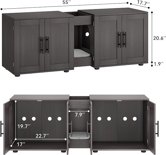 55" Large Cat Litter Box Enclosure Furniture for 2 Cats, 3-in-1 Hidden Litter Box Cabinet with Barn Door & Double Rooms, Wooden Pet Furniture for Living Room & Bedroom - Image 3