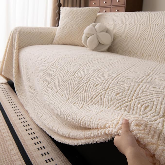 ROOMLIFE Striped Boho White Couch Cover for 2-3 Cushion Sofa, Fuzzy Plush Warm Sofa Slipcovers Sectional Sofas Covers, Non Slip Washable Furniture Protector Soft with Tassel,Winter 71''X134” - Image 9
