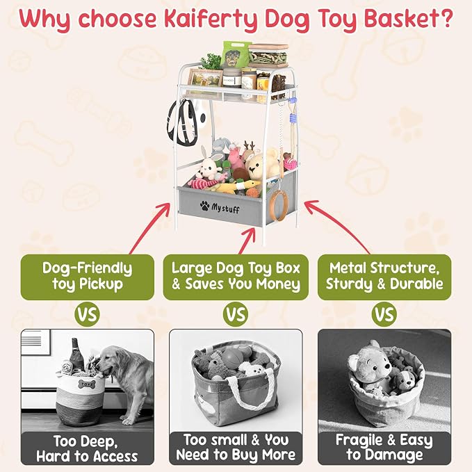 Kaiferty Medium Dog Toy basket, Toy Box for Dogs, Pet Toys Bin Dog Metal Wire Basket for Toys, Food Storage, Storage Organizer Chest Storage, Toy Box for Living Room Area (White) - Image 2