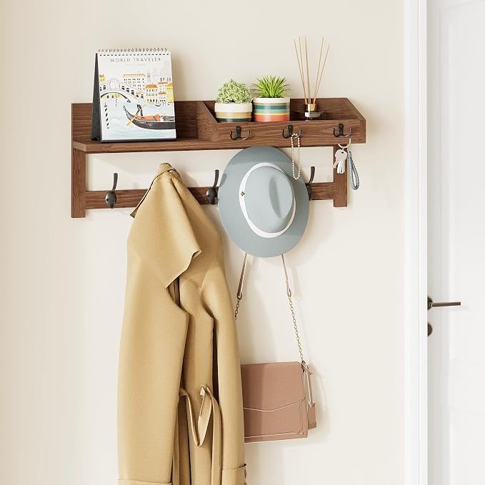 AMBIRD Wall Hooks with Shelf, 26.57 Inch Entryway Wood Coat Hooks for Wall with Shelf, Coat Rack Wall Mount with 5 Dual Hooks 3 Key Hooks Mail Organizer and Key Rack Holder (Brown) - Image 4