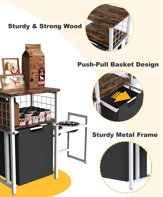 30.6Long x 26.2 High Elevated Dog Bowl Stand with Pet Food Storage Organizer, Adjustable Raised Feeding Station with Toy Basket for Large Medium Small Dogs and Cats, White - Image 6