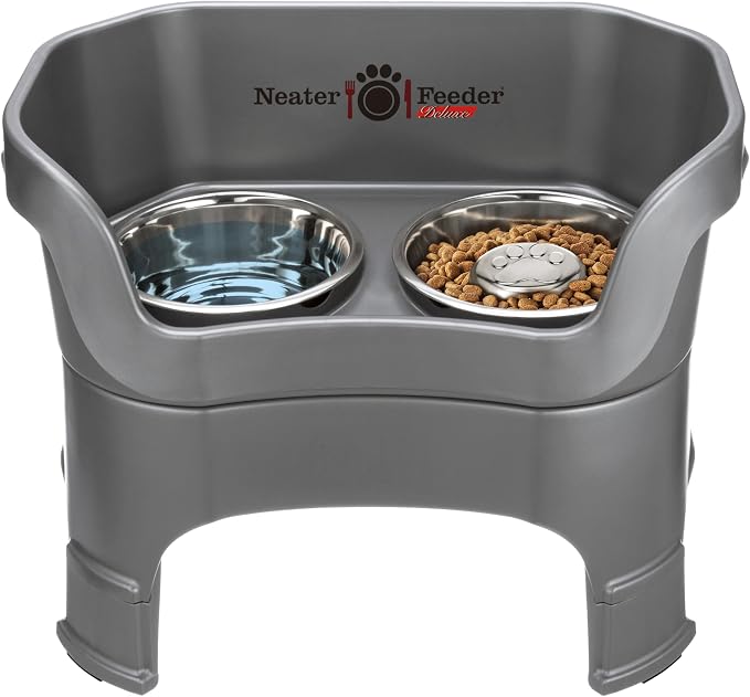 Neater Feeder Deluxe Mess-Proof Elevated Dog Bowls for Large Dogs (40+ lbs), 2 Height Adjustable (14.5” & 17.5”) No-Spill Raised Dog Bowl Stand w/Slow Feed Bowl for Food, Made in USA, Grey by NeaterPetBrands