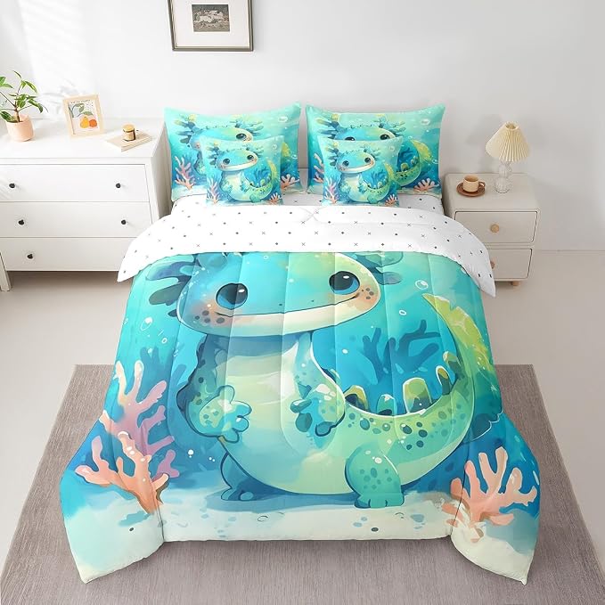 Feelyou Cute Axolotl 7 Piece Bedding Set Twin Size Cute Blue Teal Axolotl for Kids Boys Girls Teens Toddler Ocean Animal Bed in a Bag Comforter Set with Sheets Cartoon Bed Set by Feelyou