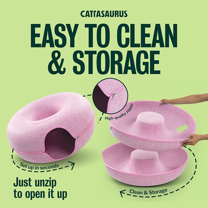 Cattasaurus Peekaboo Cat Cave Donut for Multiple & Large Cats up to 30-45 lbs, 3-in-1 Self Warming Cat Bed, Tunnel & Scratcher for Indoor Cats, Washable & Detachable Small Dog Bed (Pink, Jumbo) - Image 7