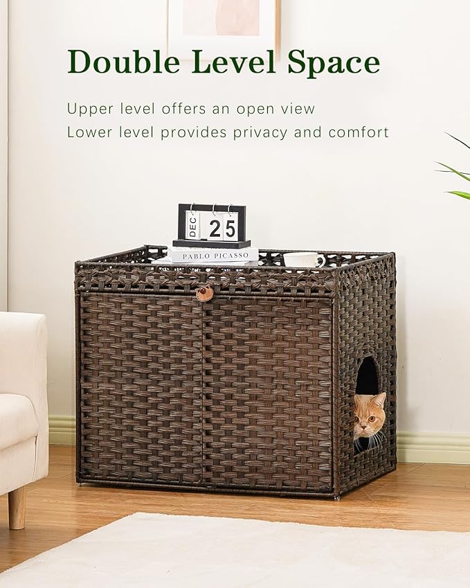SETVSON Cat Litter Box Enclosure Furniture, Handwoven Rattan Hidden Litter Box with Mat, Large Space Cat House with 2 S-Shaped Hooks, 30.3 x 18.3 x 24.4 Inches, Indoor for Living Room Apartment Brown - Image 2