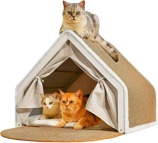 Cat Houses for Indoor Cats - 4 Seasons Cat Bed Cave with Natural Sisal Cat Scratcher Mat, Solid Wood Frame Cat House with Curtains and Cat Floor Scratching Pad Rug, Protect Couch and Carpets, S by LUNNTEshoulderpads