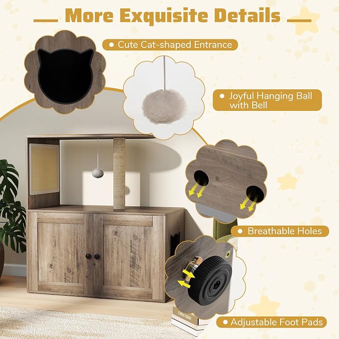 Tangkula Cat Tree with Litter Box Enclosure, Hidden Litter Box Cat Tower with Sisal Scratching Post & Mat, Dangling Ball, Vented Holes, Farmhouse Cat House Washroom (Oak Gray) - Image 5