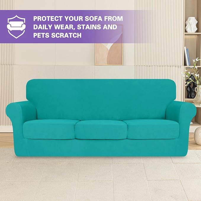 ZNSAYOTX 4 Piece Stretch Sofa Covers (71"-91"), Thick Striped Couch Covers for 3 Cushion Sofa with Elastic Band Bottom Ties Non-Slip Stay in Place, Soft Durable Washable Couch Slipcovers, Peacock Teal - Image 3