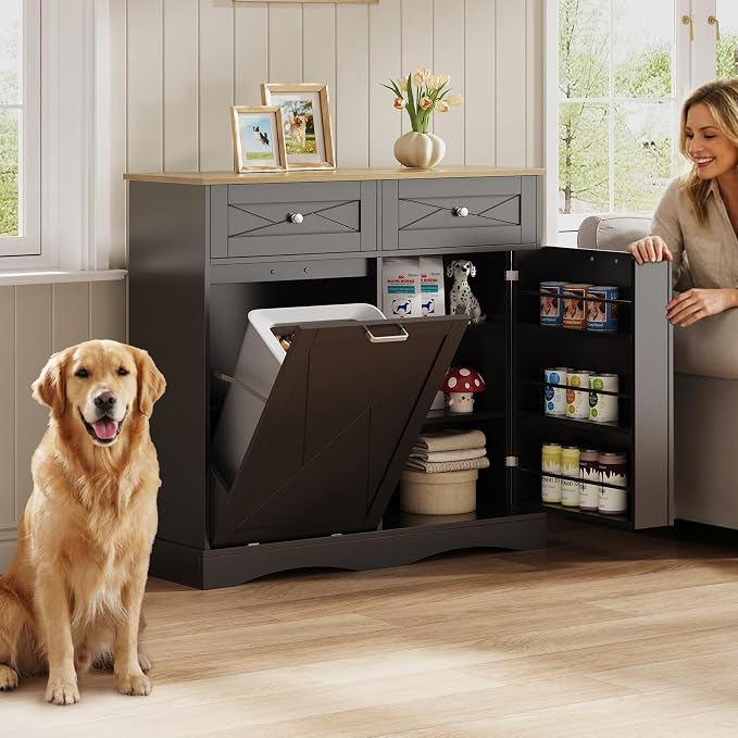 kepptory 37" High Dog Feeding Station with Storage Drawer, Pet Organizers and Storage Adjustable Shelf, Dog Feeder Station, Pet Storage Cabinet for Cats and Dogs (Black) by kepptory