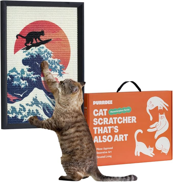 Decorative Wall Art Cat Scratcher for Vertical Scratching, 14"x20" Framed Sisal Scratch Pad Mat with Renter-Friendly No-Drill Wall Mounted Setup, Durable Alternative to Cardboard (The Cat Wave) by PURRDEE