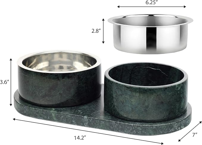 DBL1000A Marbre Small/Medium Modern Weighted Double Marble and Stainless Steel Bowl 12oz (1.5 Cups) Feeder with Non-Slip Marble Tray Set, Green - Image 5
