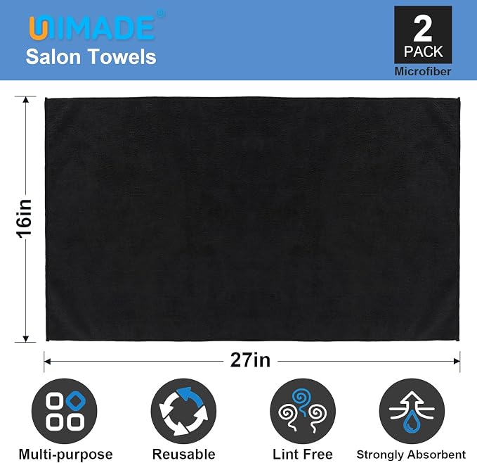 UNIMADE 2 Pack Salon Towels - Highly Absorbent and Quick Drying Hand Towels | Premium Wash Cloths for Bathroom, Gym, Shower, Hotel, and Spa - 16x27 inch (Black) - Image 2