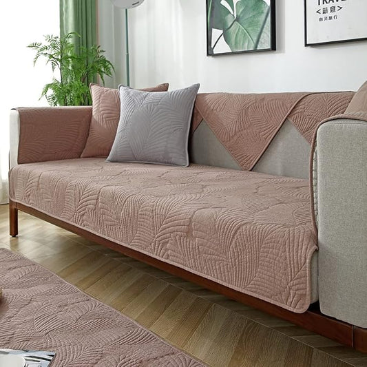 Solid Color Leaf Cotton Quilted Sofa Covers Anti-Slip Soft Sectional Couch Cover Washable Sofa Slipcover for Dogs Cats Pet (Coffee,36''x82'') by Huierxun