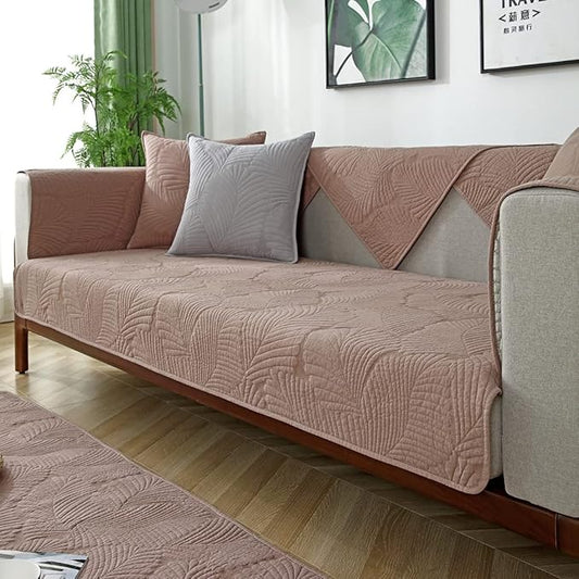 Solid Color Leaf Cotton Quilted Sofa Covers Anti-Slip Soft Sectional Couch Cover Washable Sofa Slipcover for Dogs Cats Pet (Coffee,28''x94'') by Huierxun