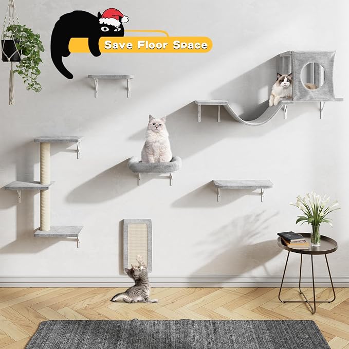 NUNU LAB Cat Wall Shelves, 6 Pcs Luxury Wall-Mounted Cat Climber Set, Indoor Cat Furniture with 1 Condos House, 2 Cat Wall Shelves, 1 Scratching, 1 Bridge Ladder, 1 Scratching Pad, Light Grey - Image 4