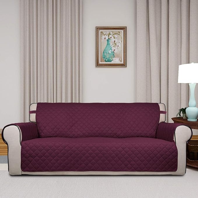 PureFit Reversible Quilted Couch Covers for Dogs Oversized Sofa Cover 78” | Wine/Beige, Water Resistant Couch Protector, Washable Pet Couch Cover with Non Slip and Elastic Straps For Kids - Image 2