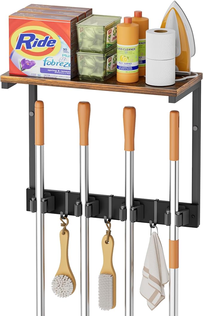 Broom Holder Wall Mount with Cleaning Supplies Organizer, Laundry Room Organization and Storage Shelves, Mop Hanger Broom Rack with Hooks, Home Improvement Kitchen Shelf Garage Organizer by Olakee