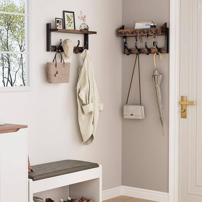 Evermagin 35" Coat Rack Wall Mount with Shelf for Entryway, Rustic Brown | Wall Mounted Coat and Key Rack with Hooks, Key Holder with Mail Organizer for Wall, Living Room, Mudroom, Bedroom - Image 3