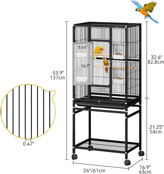 DWVO 53.9-Inch Metal Bird Cage | Large Parrot Cages with Seed Catcher & Cover - Rolling Stand with Brakes - Image 3