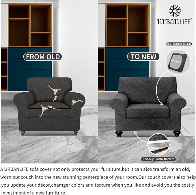 URBANLIFE 2-Piece Stretch Sofa Covers for 1 Cushion Couch, Charcoal Gray | Super fitted spandex slipcovers for couches. Non-slip elastic bottom. Machine washable furniture protector for kids & pets. - Image 5
