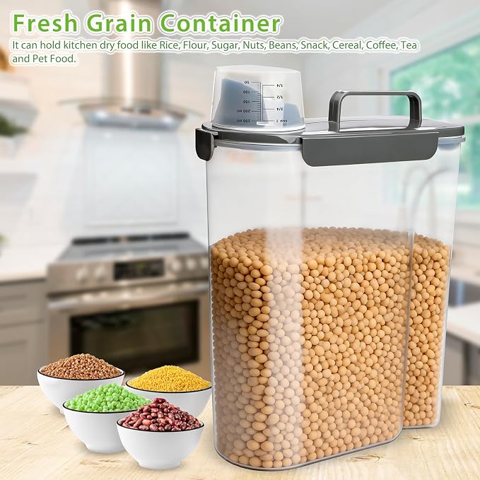 Viretec Rice Storage Container, 15 to 20lb Dry Food Airtight Dispenser, Pet Dog Cat Food Canister, BPA Free Clear Plastic Kitchen and Pantry Bin for Oatmeal, Cereal, Pasta, Flour Pack of 2 Grey - Image 4