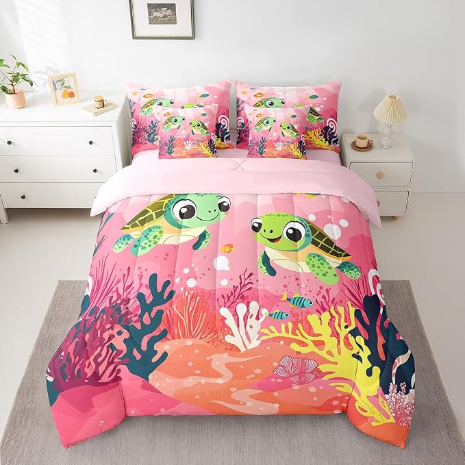 Erosebridal Kawaii Sea Turtle 7-Piece Bedding Set King Size, Ocean Life Tortoise Bed in A Bag, Underwater World Sea Animal Comforter Set with Sheets, Colourful Coral Bedding Comforter Sets, Pink by Erosebridal