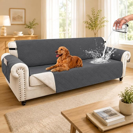 100% Waterproof Couch Cover for Dogs, Washable Anti-Slip Sofa Cover with Elastic Straps & Side Pockets, Quilted Furniture Protector for Kids & Pets (Oversize Sofa 78", Grey) by Unknown