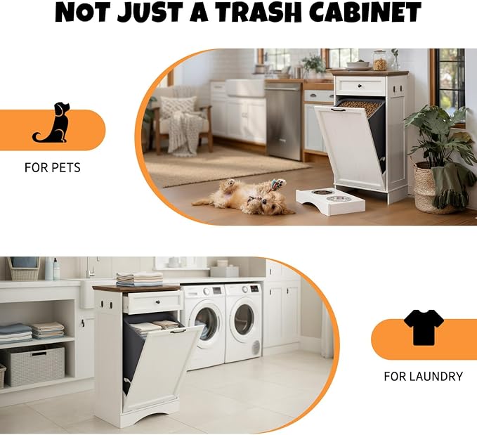 Tilt Out Trash Can Cabinet with Dog Bowl, 10 Gallons Dog Feeding Station with Storage Cabinet, Pet Food Cabinet with Hideaway Drawer for Kitchen, Living Room - Image 7