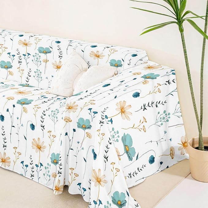 Erosebridal Watercolor Floral Couch Cover Teal Beige Flower Sofa Cover 71" X 91" Modern Minimalist White Couch Protector for Sectional Sofasrustic Farmhouse Washable Non Slip Sofa Protector - Image 5