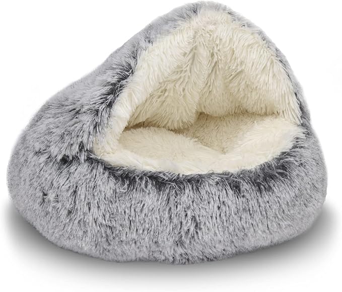 ShinHye Cozy Cat Bed - Round Plush Fluffy Hooded Cave, Indoor/Outdoor, Waterproof & Washable, Calming Anti-Anxiety Design - 23x23 Inch, Grey by ShinHye