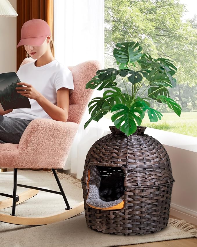 SETVSON Cat Litter Box Plant Furniture Enclosure, PE Rattan House, Brown | Decorative Planter Design, Removable Top for Easy Cleaning, Built-in Litter Box, Compact 20x20x38.97 Inches, PE Rattan House - Image 6