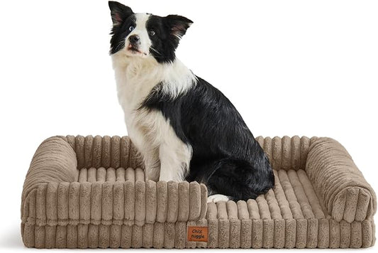 ChiXnuggle Faux Fur Orthopedic Dog Bolster Bed, Waterproof Washable Cover | rectangular dog sofa couch,egg crate foam,non-slip bottom,for extra large dogs,taupe,41*30*7 by SnuggleUpPawsDown